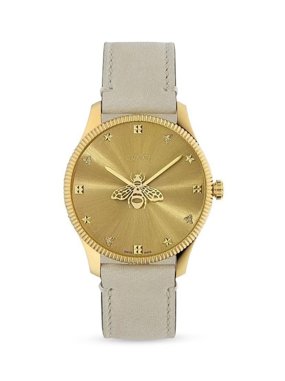 NWT Gucci G-Timeless YA1264180 Quartz Gold Dial Beige Leather Strap Watch